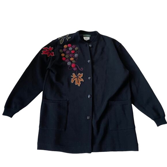 Harve Benard Wool Sweater Jacket Applique Leaves Grapes Vintage 80s Black L GUC - Picture 1 of 9